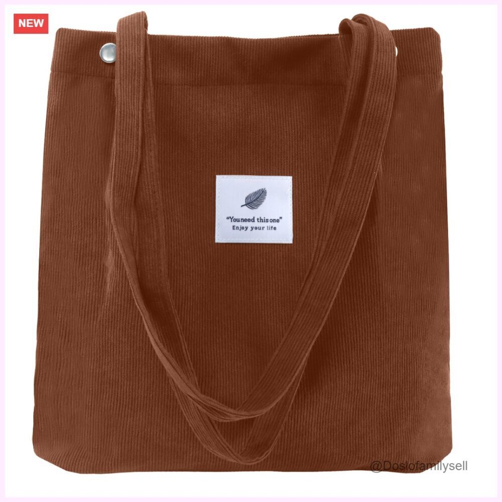 Corduroy Tote Bag with Inner Pockets and Snap Closure